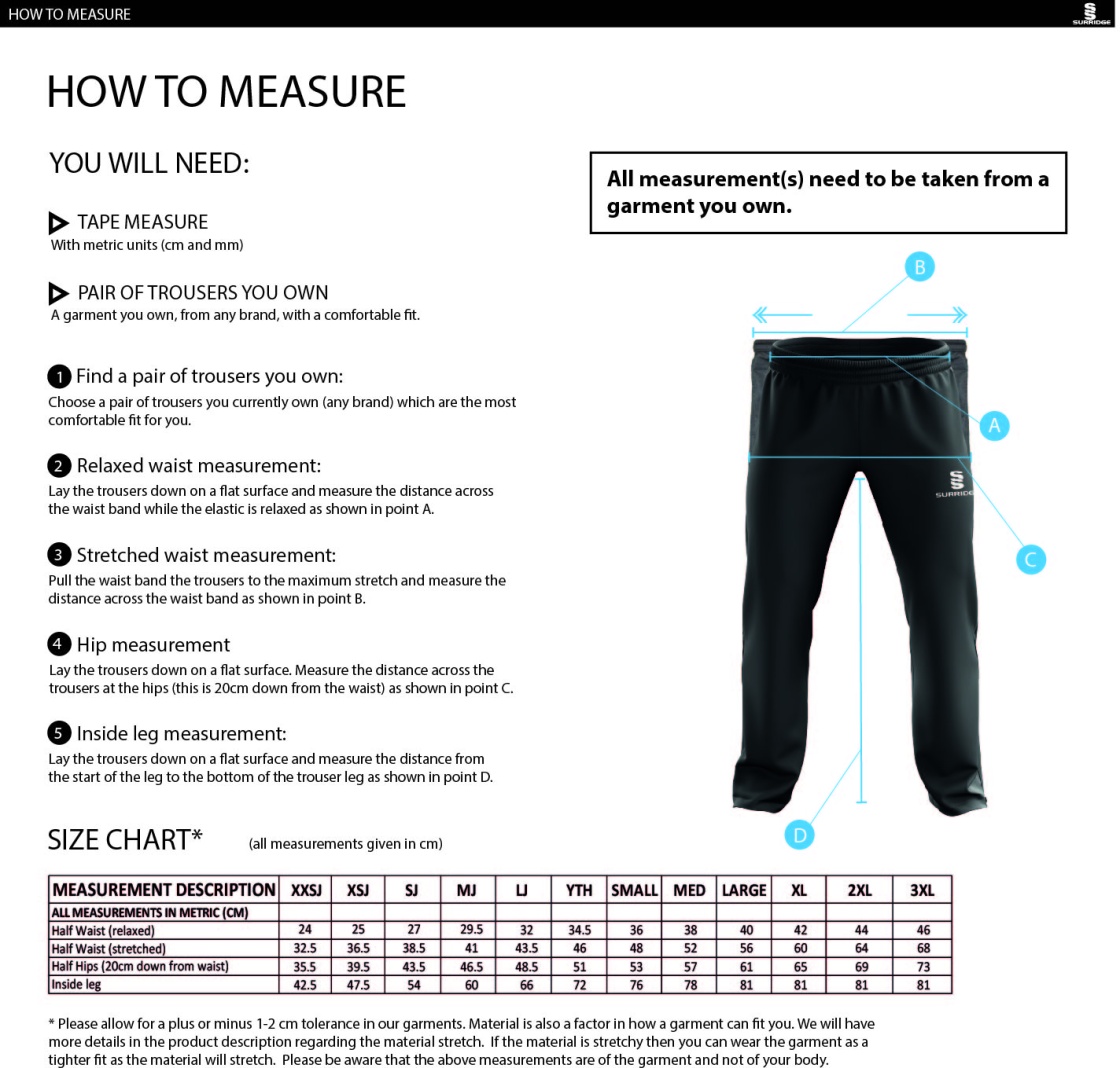 UWE Students - Dual Poplin Track Pant with Lycra - Unisex Fit - Size Guide