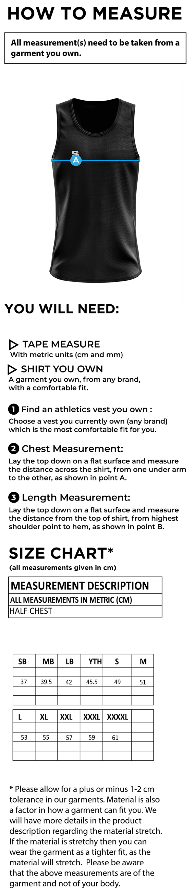 University of West England – Athletics Playing Vest – Men's Fit - Size Guide