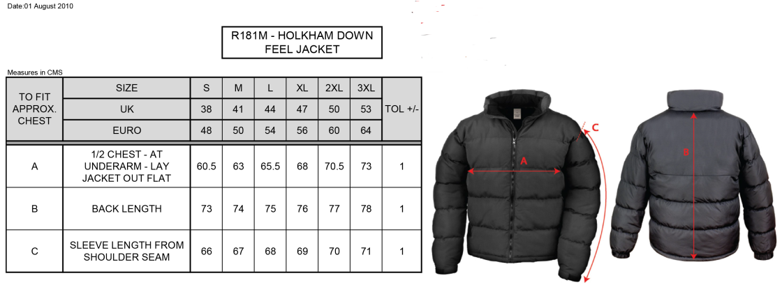 UWE Students - Holkham Down Feel Jacket - Unisex Fit - Size Guide