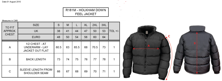 UWE Students - Holkham Down Feel Jacket - Unisex Fit - Size Guide