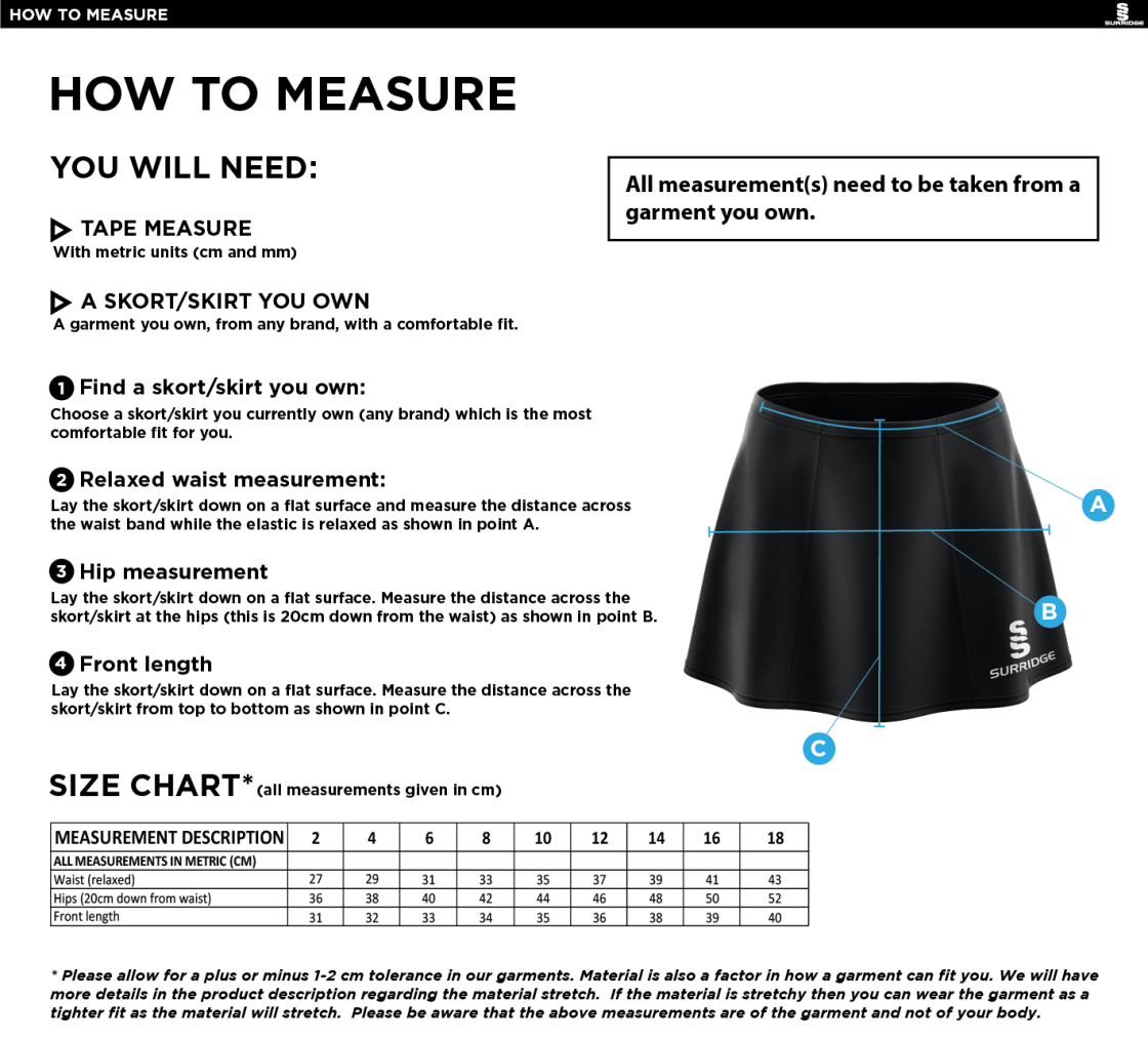 UWE Students - Skort - Red - Size Guide