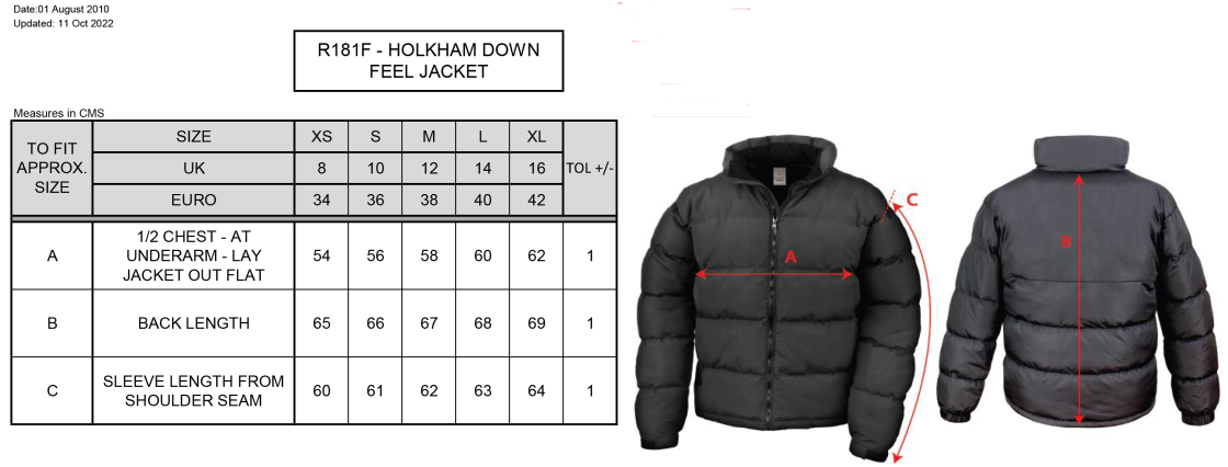 UWE Students - Holkham Down Feel Jacket - Women's Fit - Size Guide
