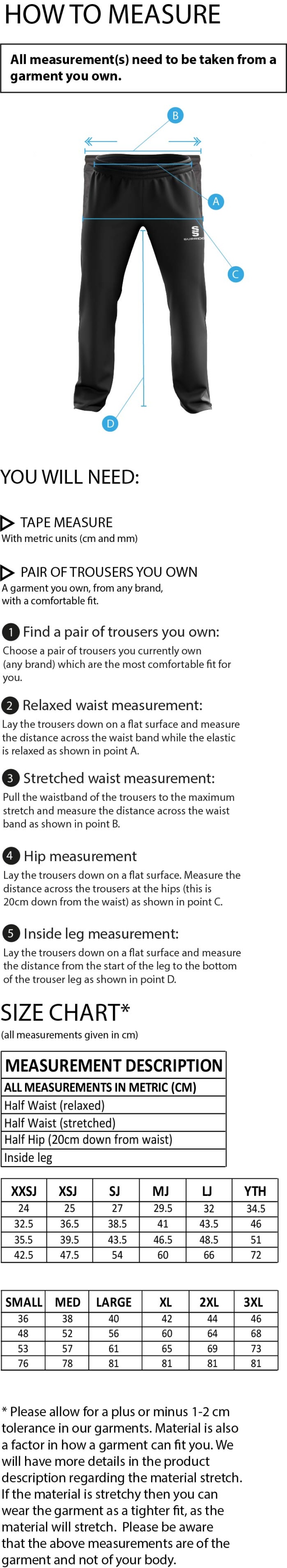 UWE Students - Dual Poplin Track Pant with Lycra - Unisex Fit - Size Guide