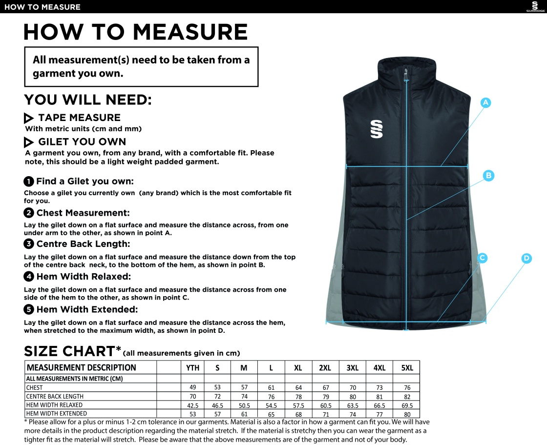 UWE Students - Active Gilet - Unisex Fit - Size Guide