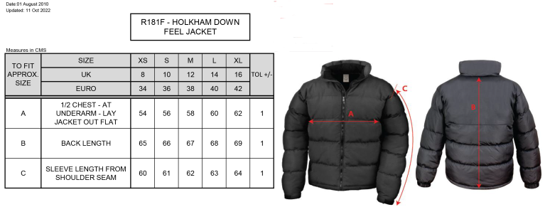 UWE Students - Holkham Down Feel Jacket - Women's Fit - Size Guide