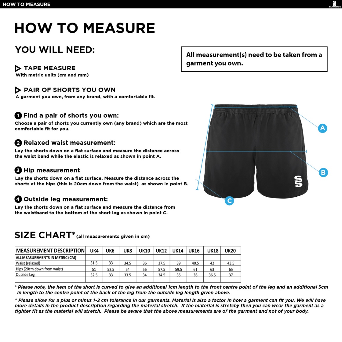 UWE Students - Performance Gym Short - Women's Fit - Size Guide