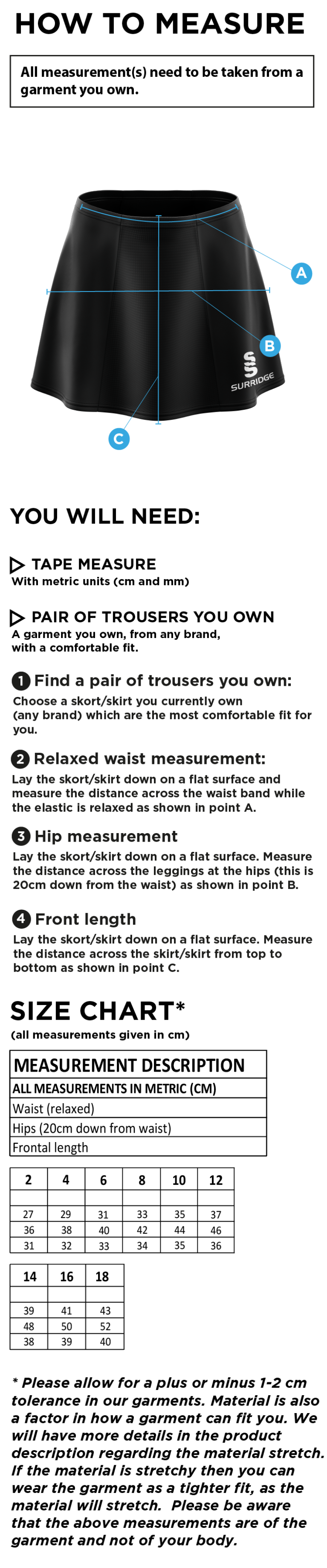 UWE Students - Blade Skort - Red - Size Guide