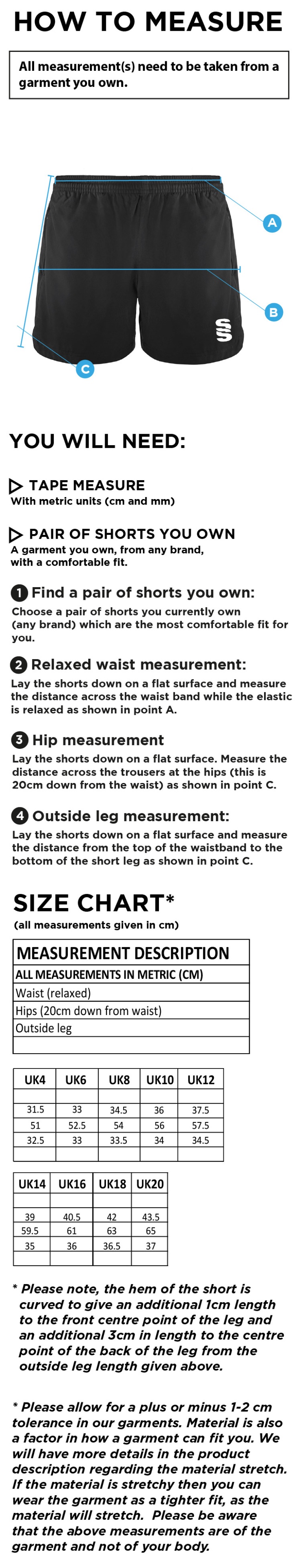 UWE Students - Performance Gym Short - Women's Fit - Size Guide
