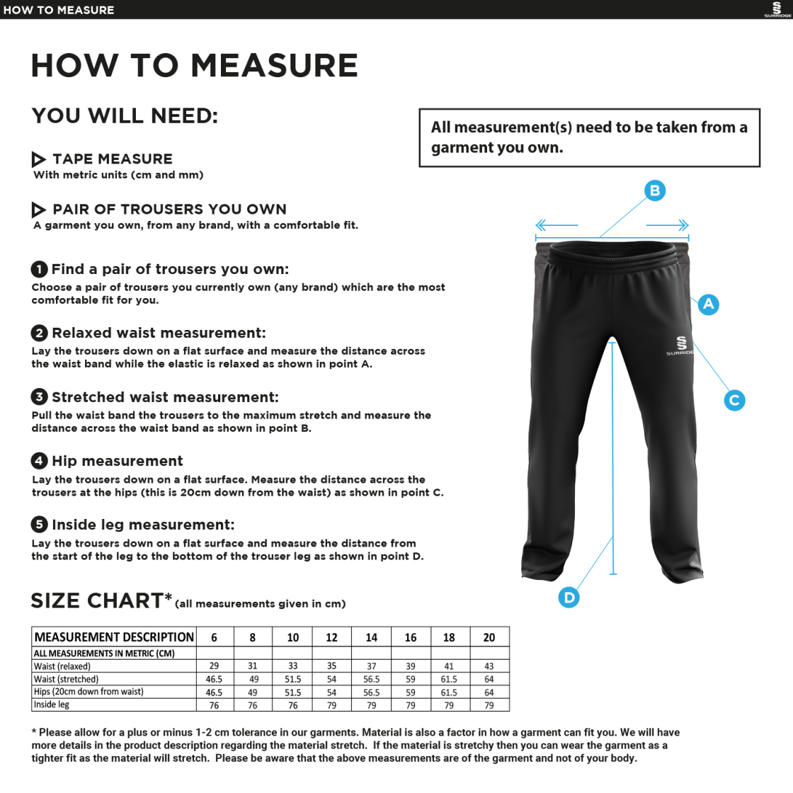 UWE Students - Dual Poplin Track Pant with Lycra - Women's Fit - Size Guide