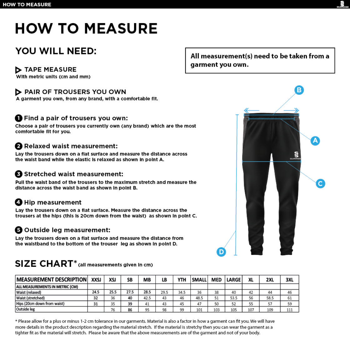 UWE Students - Tek Slim Training Pants - Unisex Fit - Size Guide