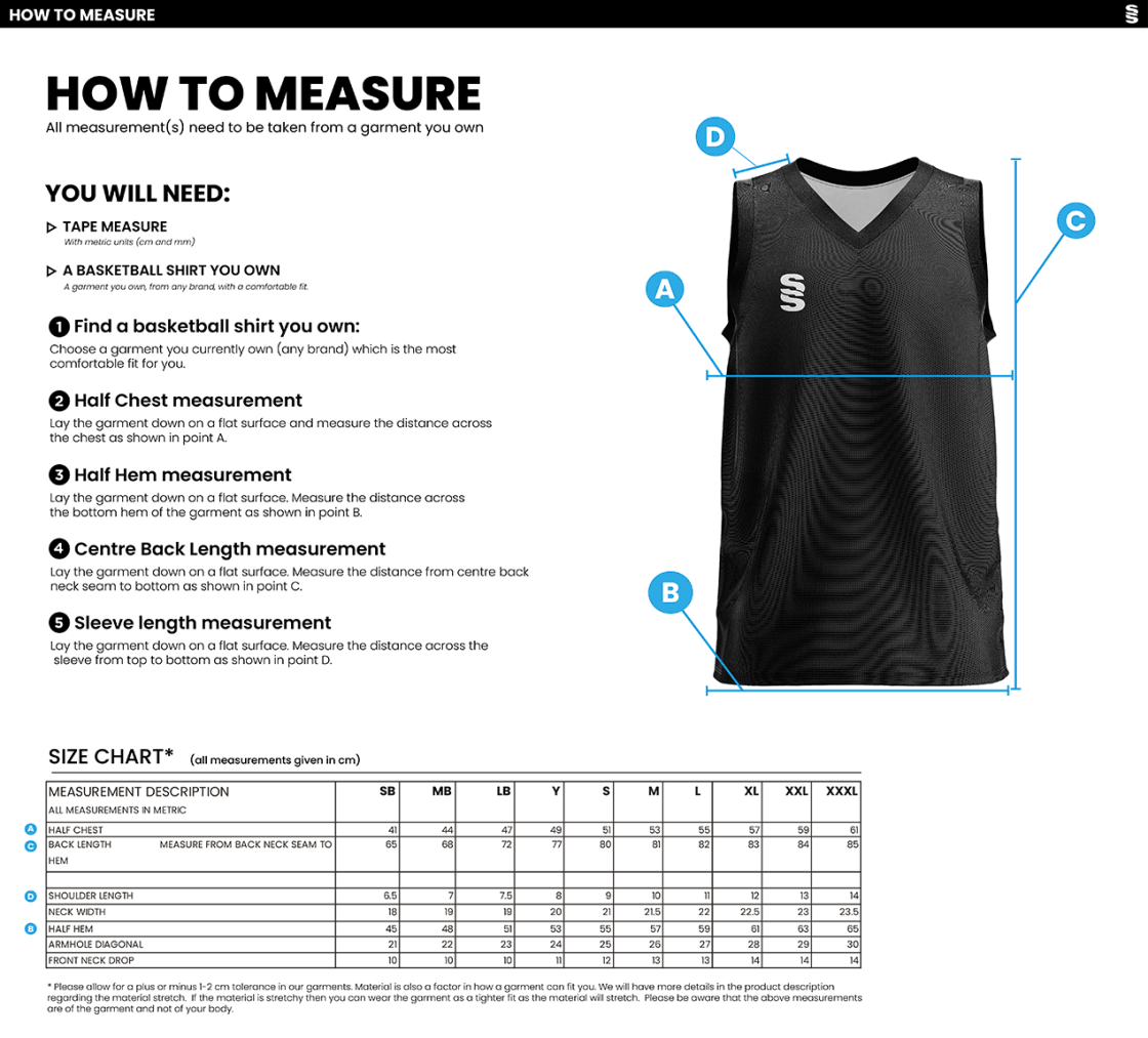 University of West England – Basketball Playing Vest – Men's Fit - Size Guide