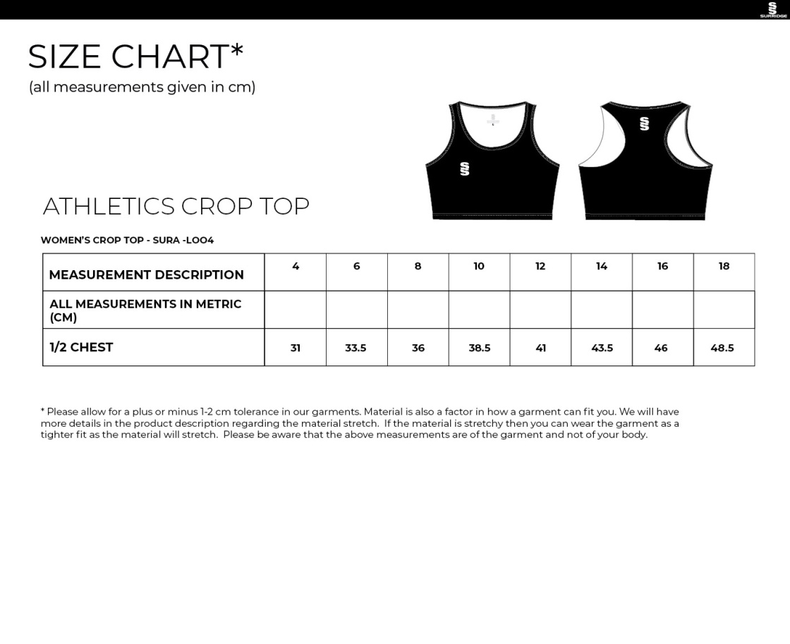 University of West England – Athletics Crop Top – Women's Fit - Size Guide