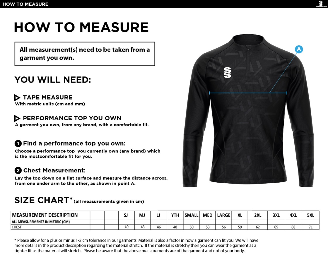 UWE Students - Impact 1/4 Zip Performance Top - Unisex Fit - Size Guide