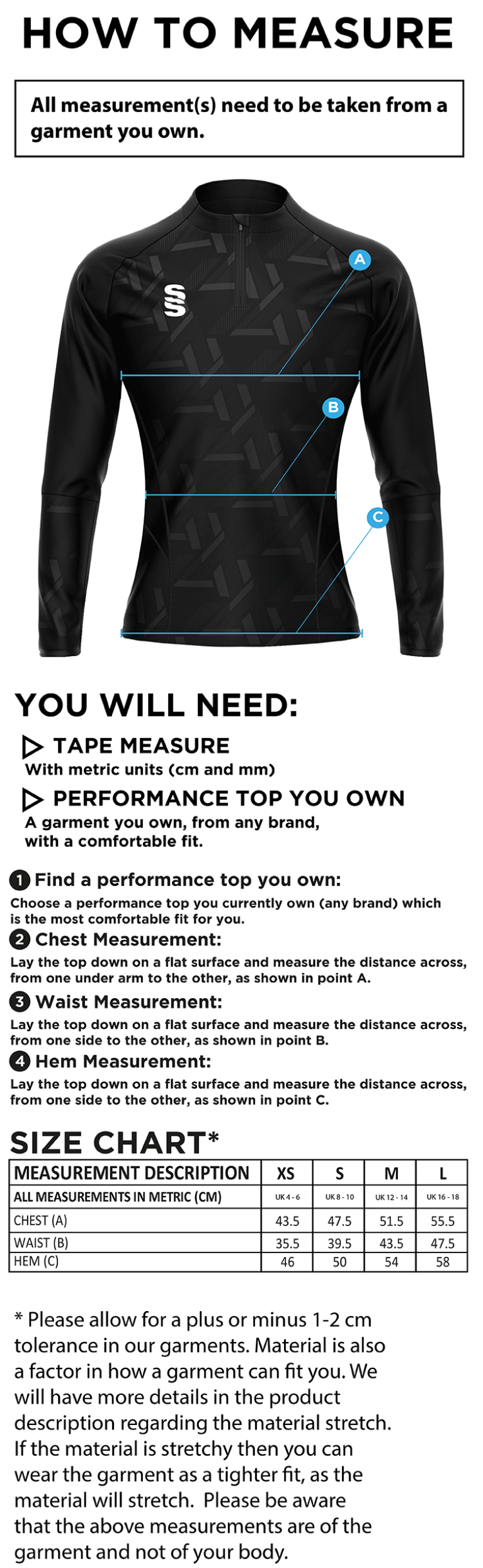 UWE Students - Impact 1/4 Zip Performance Top - Women's Fit - Size Guide