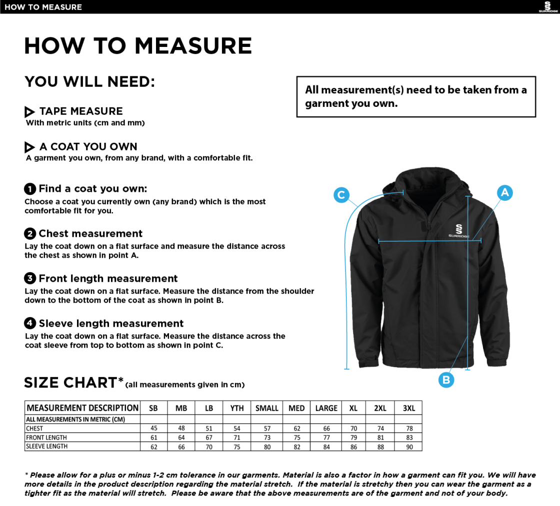 UWE Students - Dual Fleece Lined Jacket - Unisex Fit - Size Guide