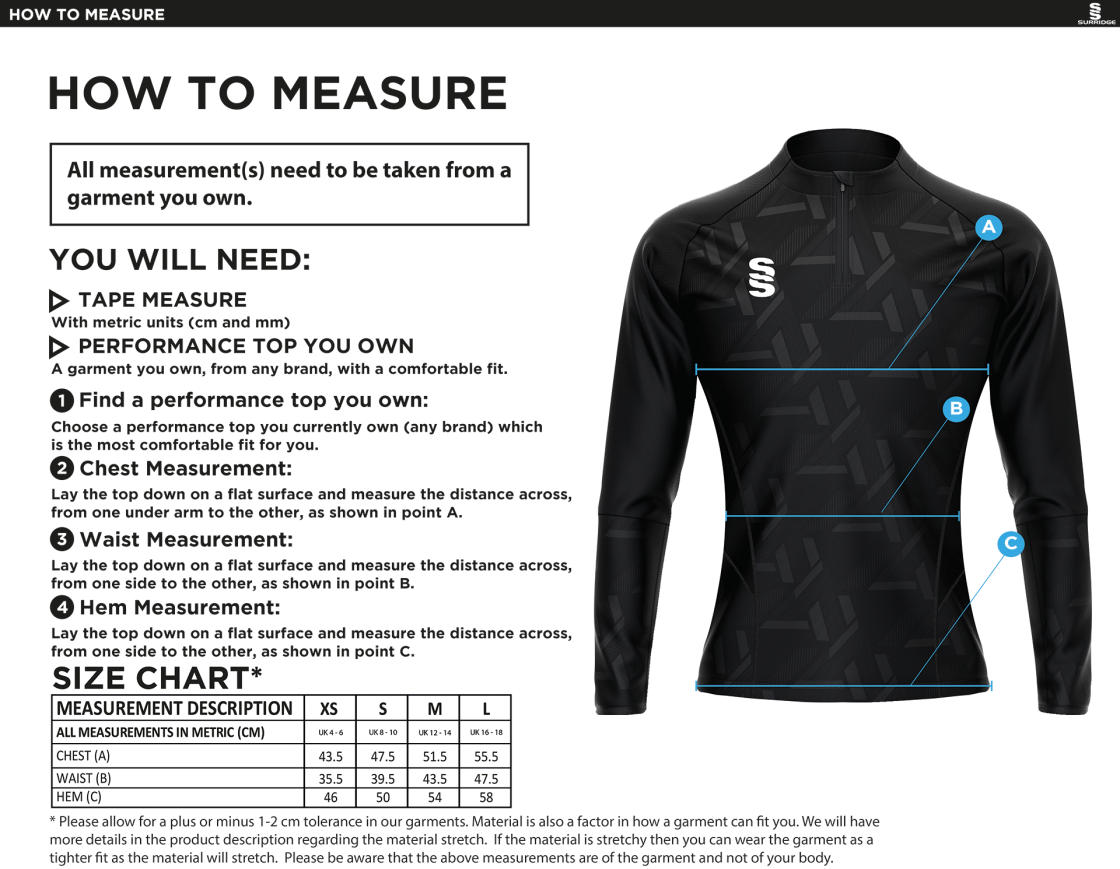 UWE Students - Impact 1/4 Zip Performance Top - Women's Fit - Size Guide