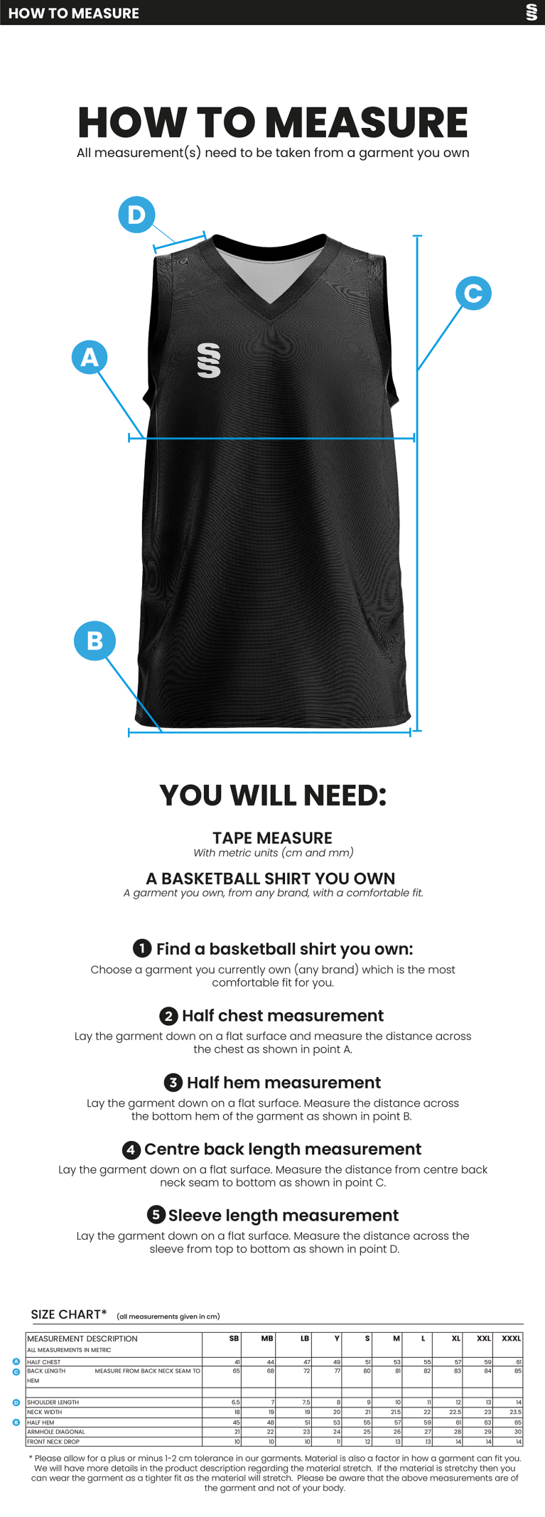 University of West England – Basketball Playing Vest – Men's Fit - Size Guide