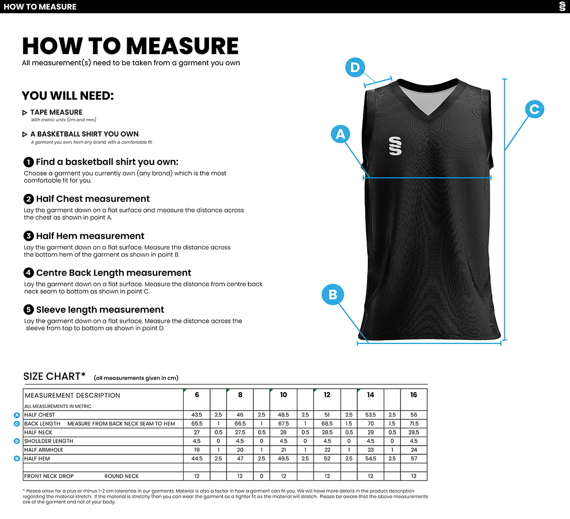 University of West England – Basketball Playing Vest – Women's Fit - Size Guide